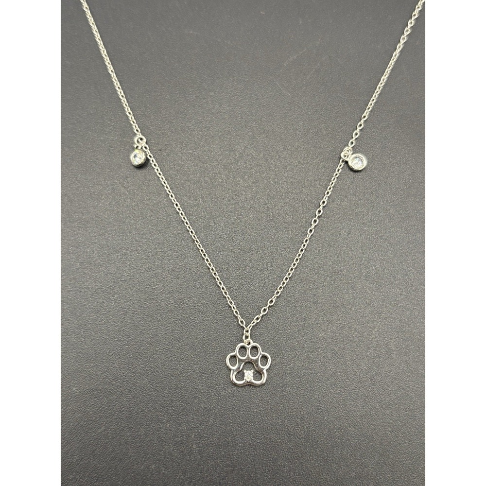 16" + 2" New Condition Sterling Silver Cubic Zirconia Paw Pendant Necklace